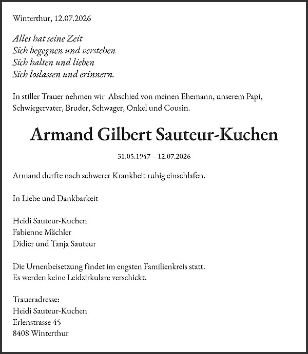Todesanzeige von Armand Gilbert Sauteur-Kuchen, Winterthur