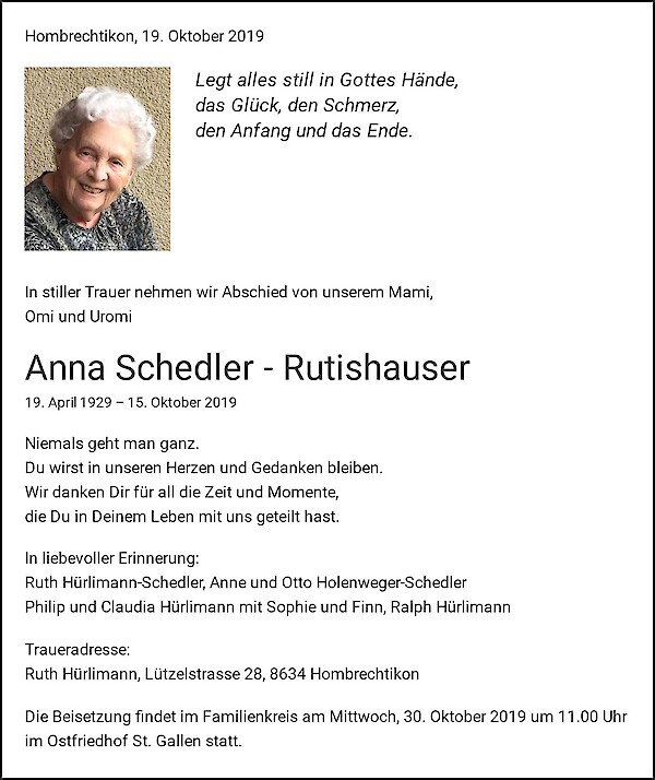 Avis de décès de Anna Schedler - Rutishauser, Hombrechtikon