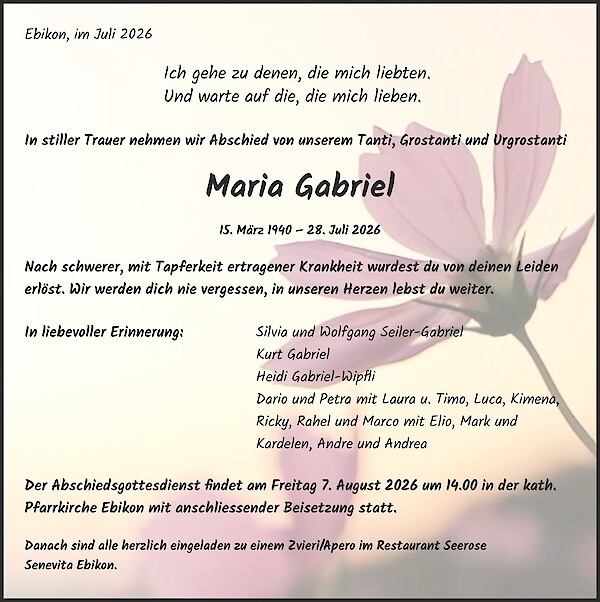 Todesanzeige von Maria Gabriel