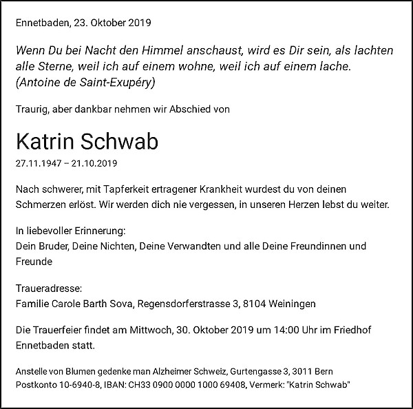 Avis de décès de Katrin Schwab, Ennetbaden