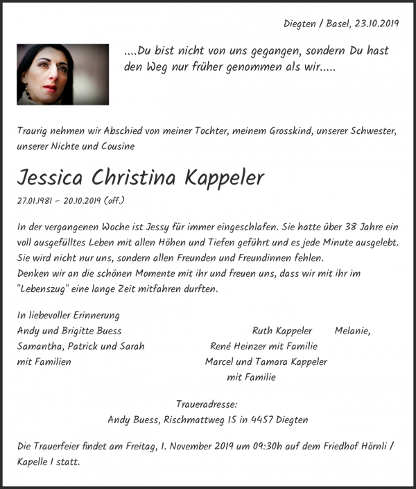 Avis de décès de Jessica Christina Kappeler, Basel