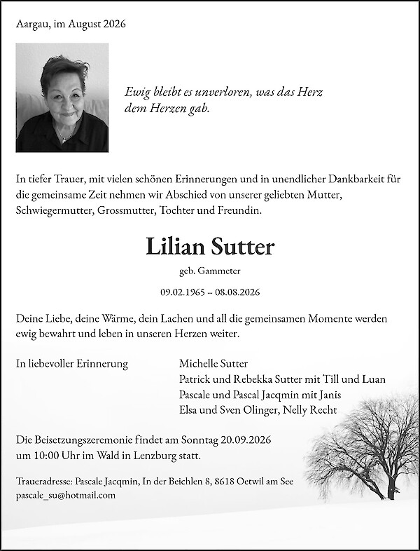 Todesanzeige von Lilian Sutter, Seengen