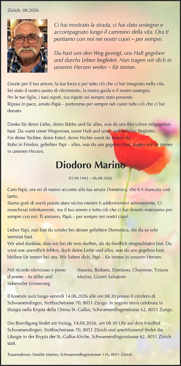 Todesanzeige von Diodoro Marino, Schwamendingenstrasse 116