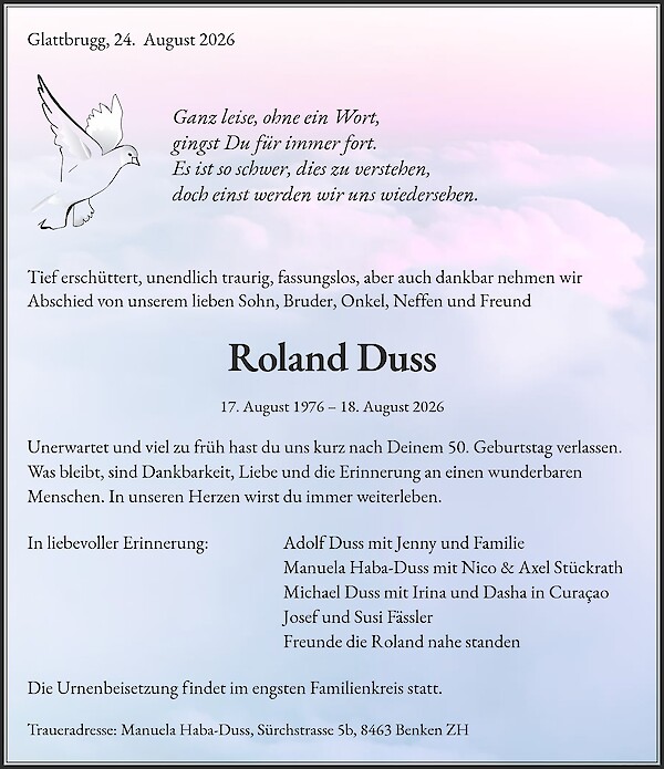 Todesanzeige von Roland Duss, Glattbrugg