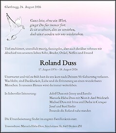 Todesanzeige Roland Duss, Glattbrugg
