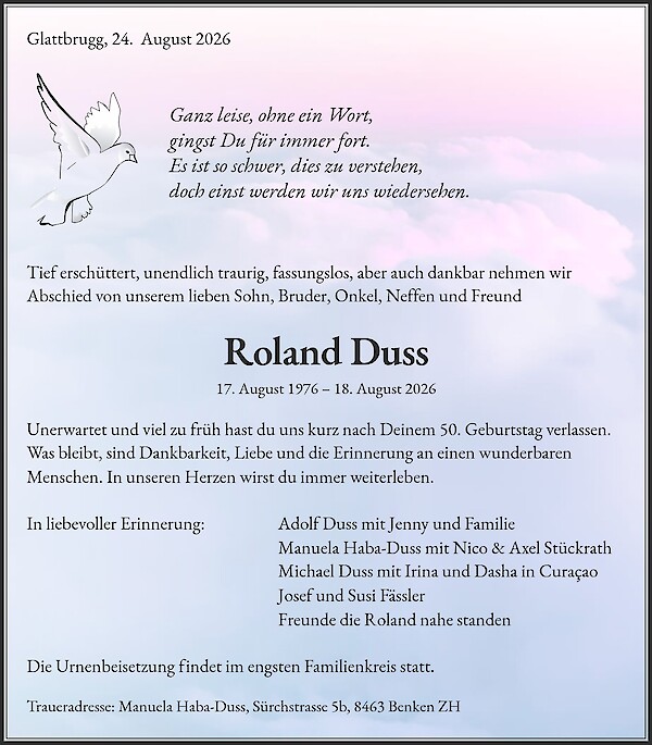 Obituary by Roland Duss, Glattbrugg