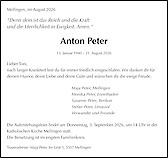 Todesanzeige Anton Peter, Mellingen