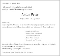 Todesanzeige Anton Peter, Mellingen