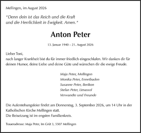 Todesanzeige von Anton Peter, Mellingen