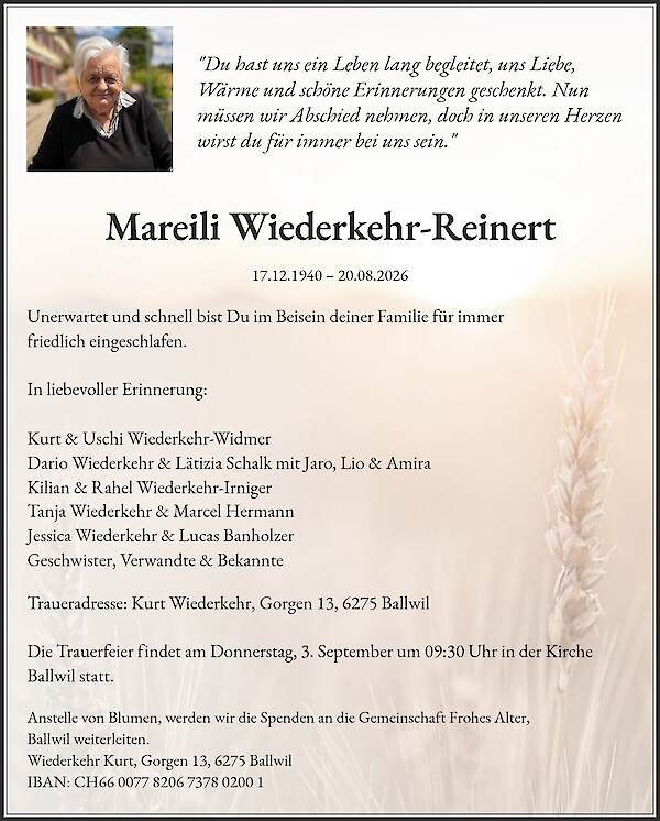Todesanzeige von Mareili Wiederkehr-Reinert