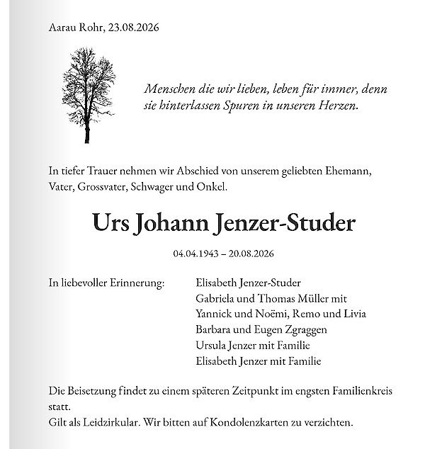 Todesanzeige von Urs Johann Jenzer-Studer