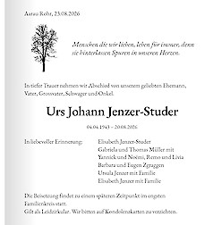 Todesanzeige Urs Johann Jenzer-Studer