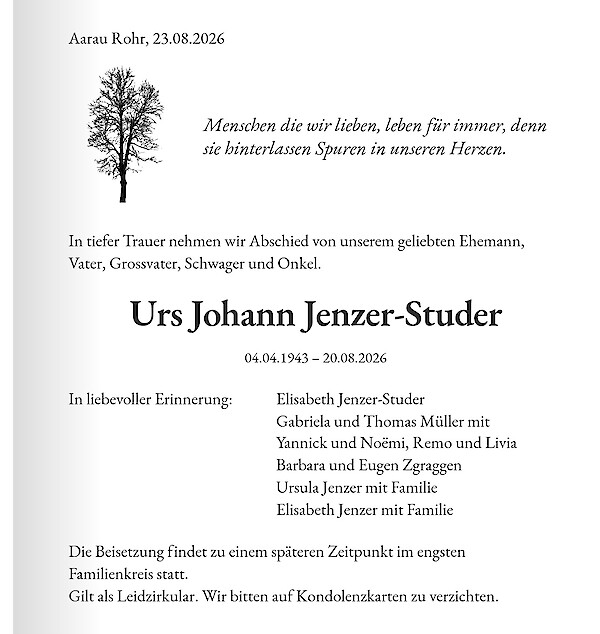 Todesanzeige von Urs Johann Jenzer-Studer