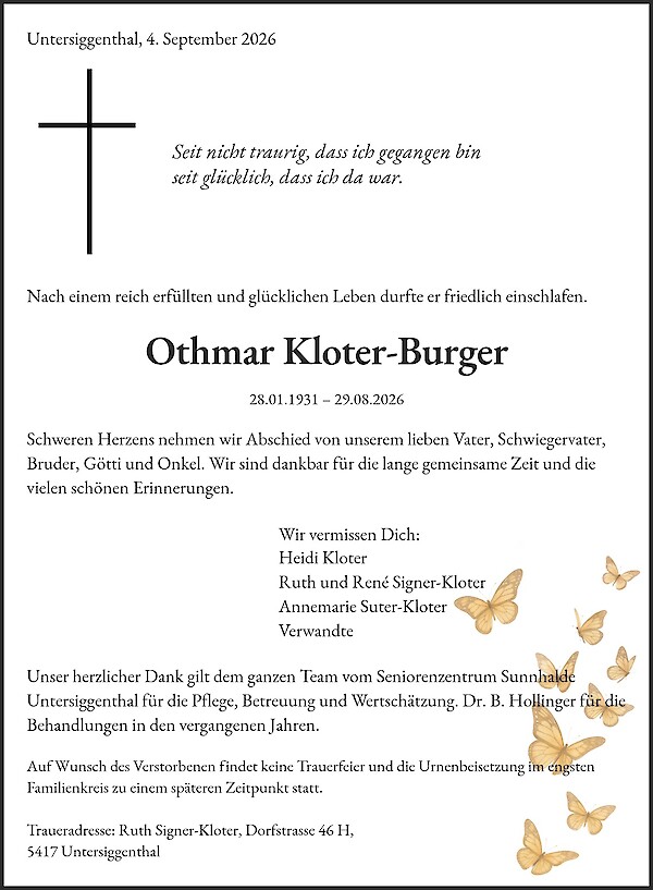 Todesanzeige von Othmar Kloter-Burger, Untersiggenthal