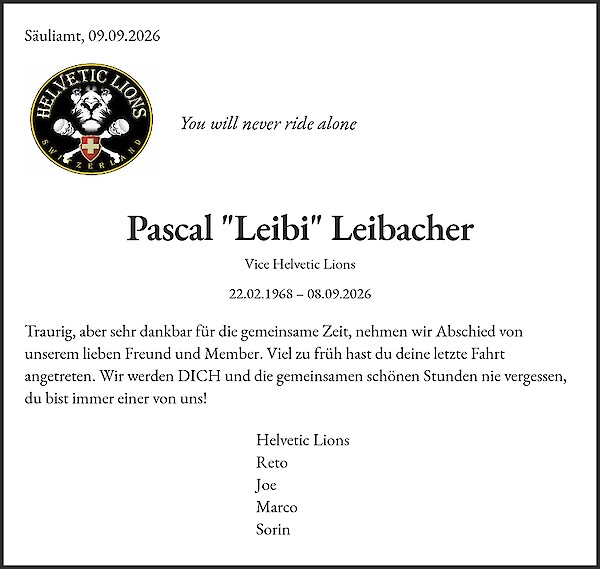 Todesanzeige von Pascal "Leibi" Leibacher