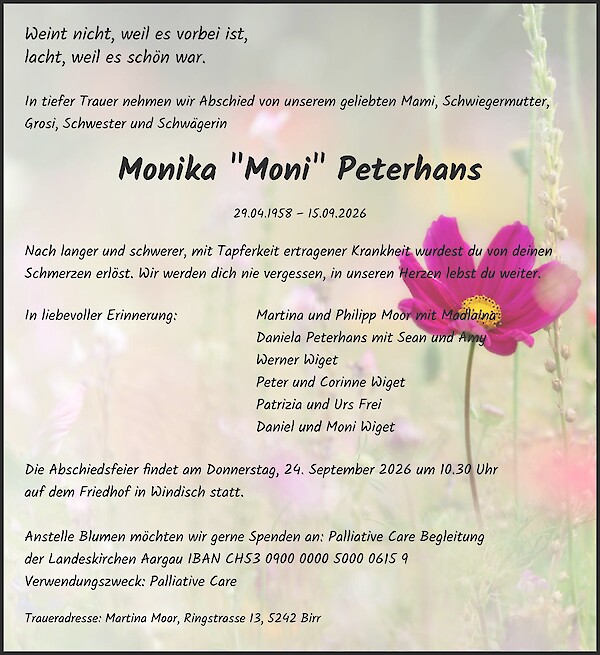 Todesanzeige von Monika "Moni" Peterhans, Windisch