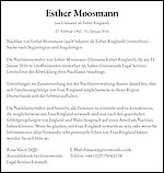 Todesanzeige Esther Moosmann, Bushey, UK