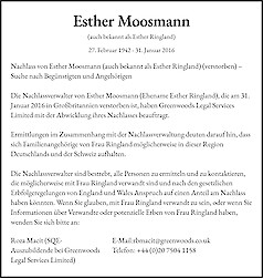 Todesanzeige Esther Moosmann, Bushey, UK