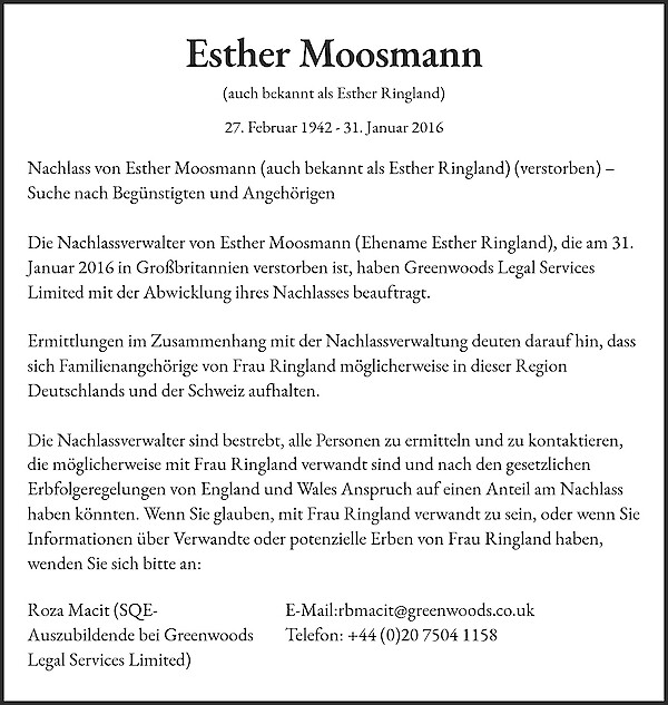 Todesanzeige von Esther Moosmann, Bushey, UK
