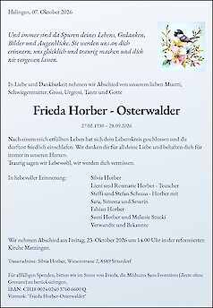 Obituary Frieda Horber - Osterwalder