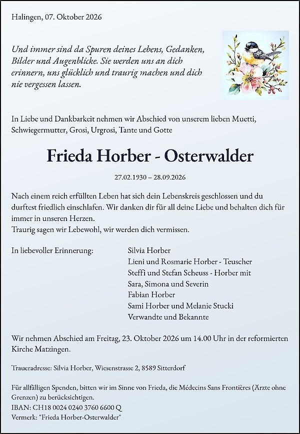 Todesanzeige von Frieda Horber - Osterwalder