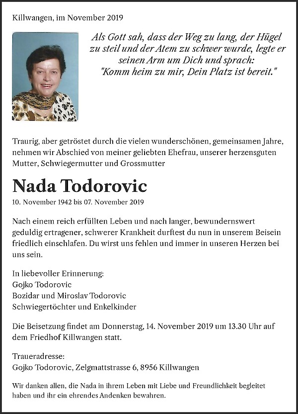 Todesanzeige von Nada Todorovic, Killwangen