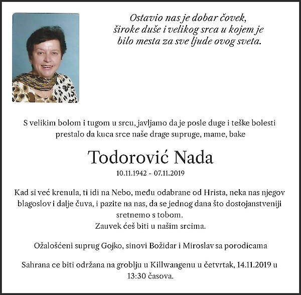 Avis de décès de Todorović Nada, Killwangen