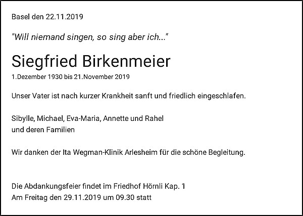 Avis de décès de Siegfried Birkenmeier, Basel