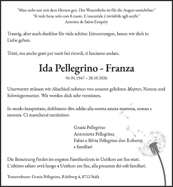 Todesanzeige von Ida Pellegrino - Franza