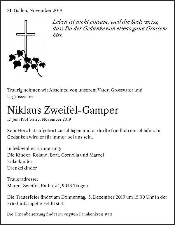 Todesanzeige von Niklaus Zweifel-Gamper, St. Gallen
