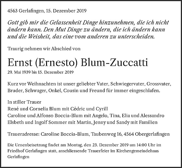 Todesanzeige von Ernst (Ernesto) Blum-Zuccatti, Gerlafingen