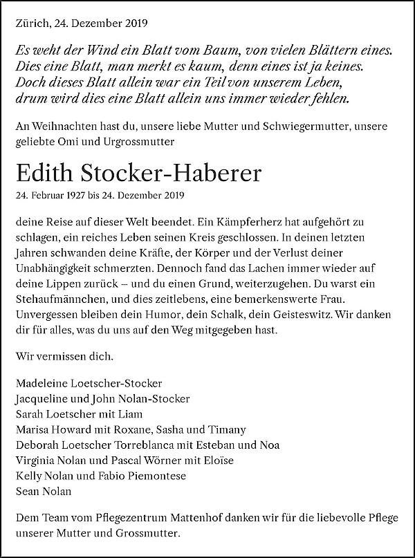 Avis de décès de Edith Stocker-Haberer, Zürich