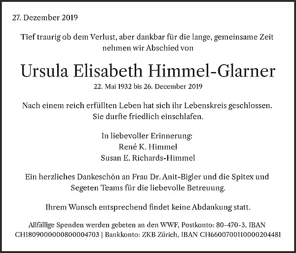 Avis de décès de Ursula Elisabeth Himmel-Glarner, Zürich