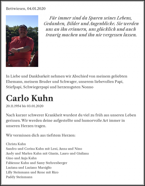 Avis de décès de Carlo Kuhn, Bettwiesen