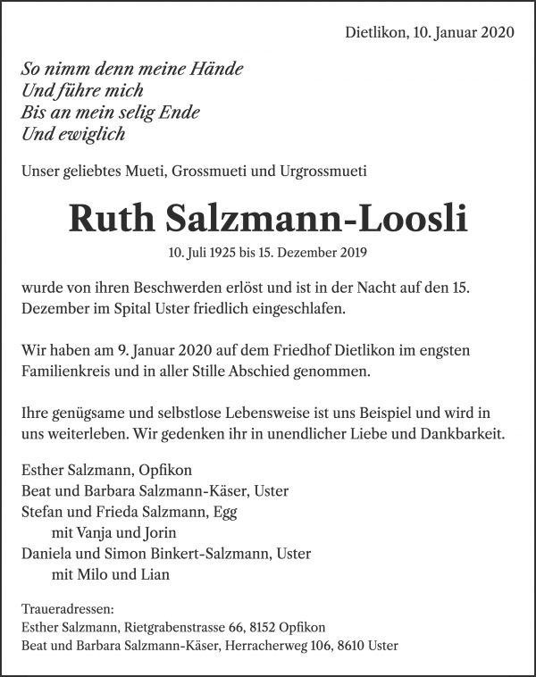 Avis de décès de Ruth Salzmann-Loosli, Dietlikon