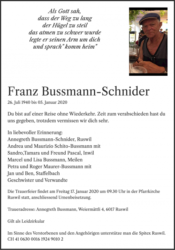 Obituary Franz Bussmann-Schnider, Ruswil