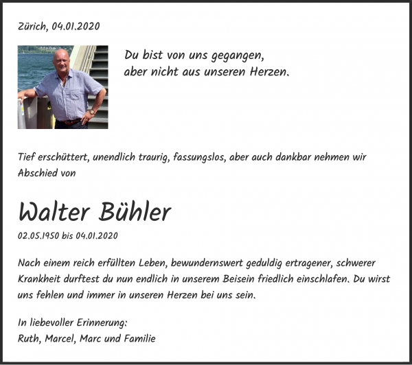 Avis de décès de Walter Bühler, Zürich