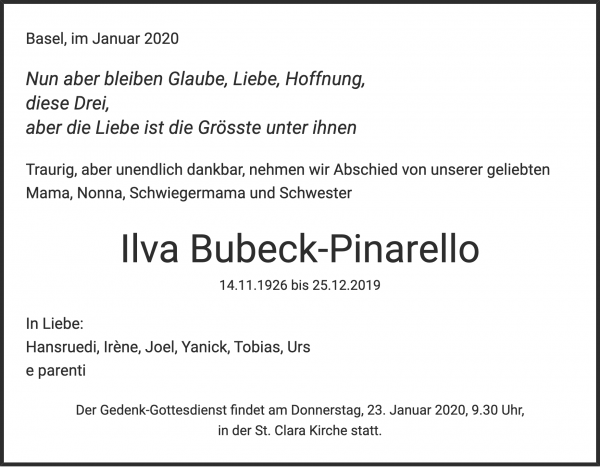 Avis de décès de Ilva Bubeck-Pinarello, Basel