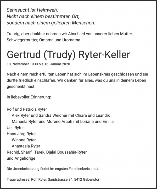 Todesanzeige von Gertrud (Trudy) Ryter-Keller, Siggenthal Station