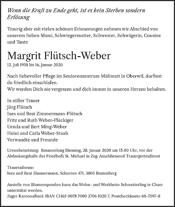 Necrologio Margrit Flütsch-Weber, Oberwil bei Zug