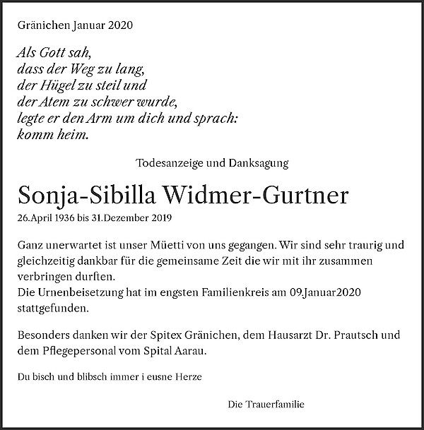 Todesanzeige von Sonja-Sibilla Widmer-Gurtner, Gränichen