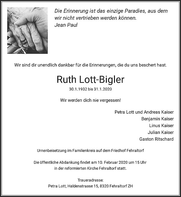 Avis de décès de Ruth Lott-Bigler, Fehraltorf