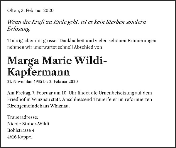 Necrologio Marga Marie Wildi-Kapfermann, Olten