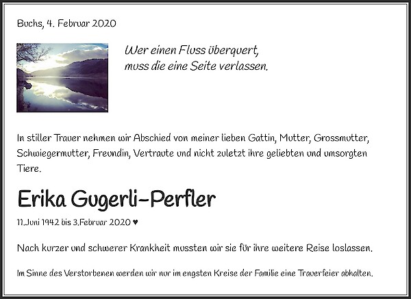 Obituary Erika Gugerli-Perfler, Buchs