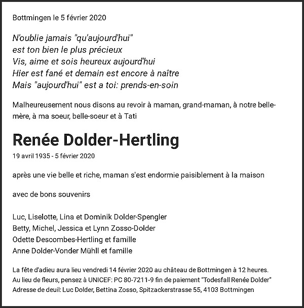 Todesanzeige von Renée Dolder-Hertling, Bottmingen