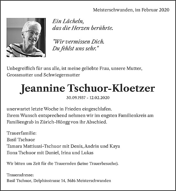 Avis de décès de Jeannine Tschuor-Kloetzer, Meisterschwanden