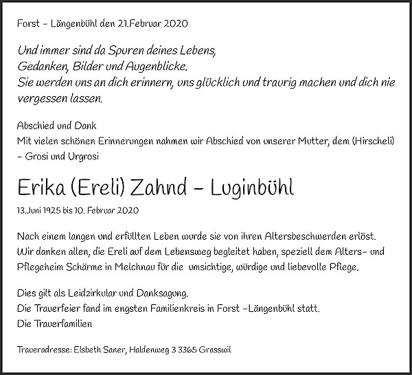 Avis de décès de Erika (Ereli) Zahnd -  Luginbühl, Melchnau