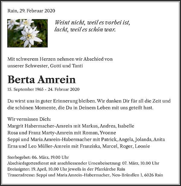 Avis de décès de Berta Amrein, Rain