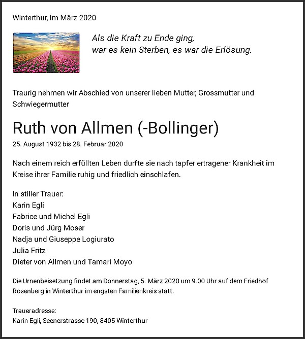 Avis de décès de Ruth von Allmen (-Bollinger), Winterthur