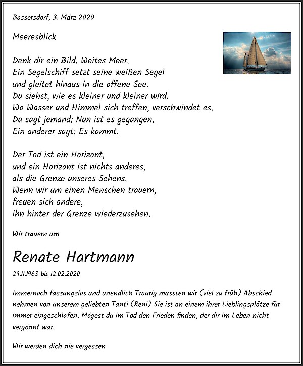 Avis de décès de Renate Hartmann, Bassersdorf